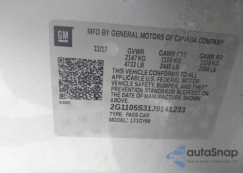 2018 Chevrolet Impala 1Lt z USA, uszkodzony, nr VIN 2G1105S31J9141233